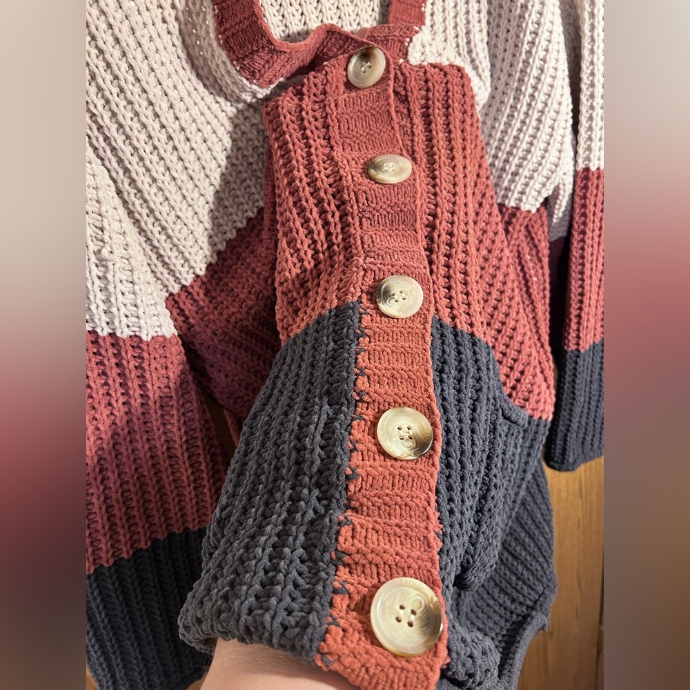 POL Baggy Colorblock Boho Buttoned Waffle Knit Cardigan - Picture 6 of 8